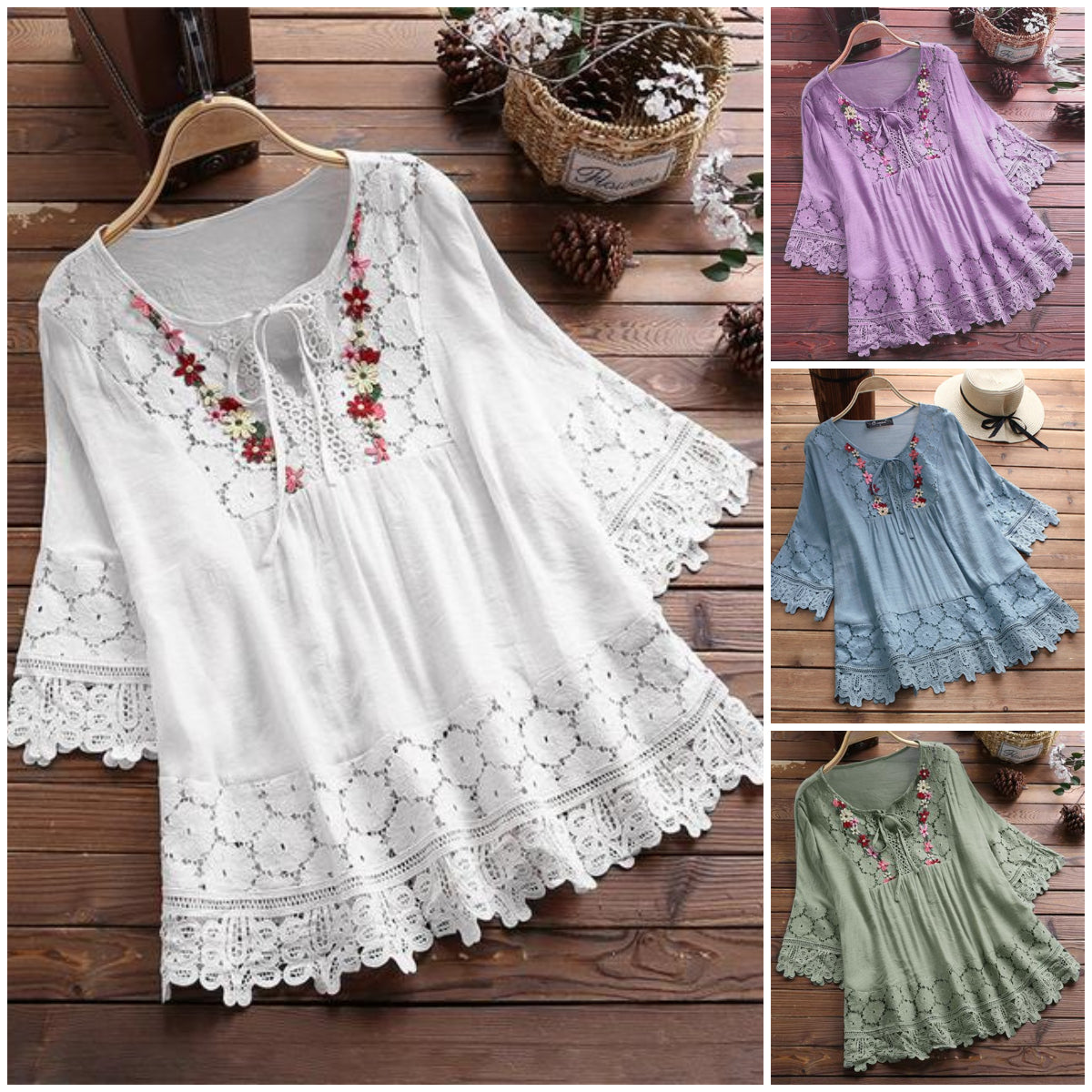 ❤️🌸【S-5XL】Femeii V-Neck Casual brodate florale vrac dantelă Shirt_3982664