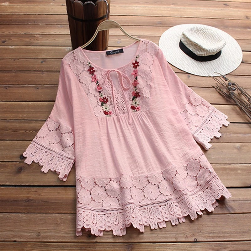 ❤️🌸【S-5XL】Femeii V-Neck Casual brodate florale vrac dantelă Shirt_3982664