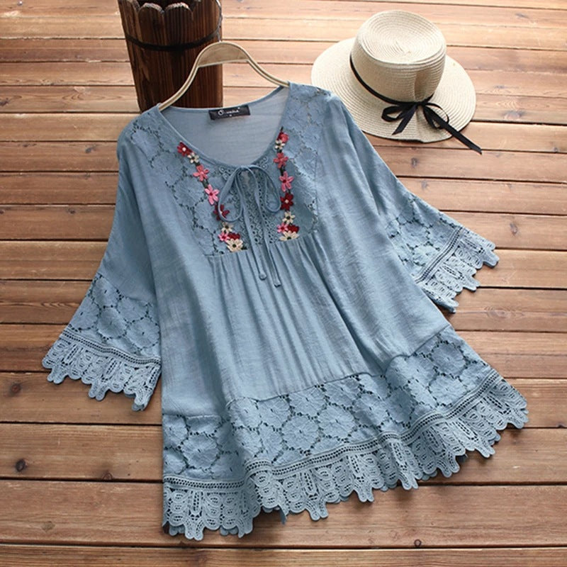 ❤️🌸【S-5XL】Femeii V-Neck Casual brodate florale vrac dantelă Shirt_3982664