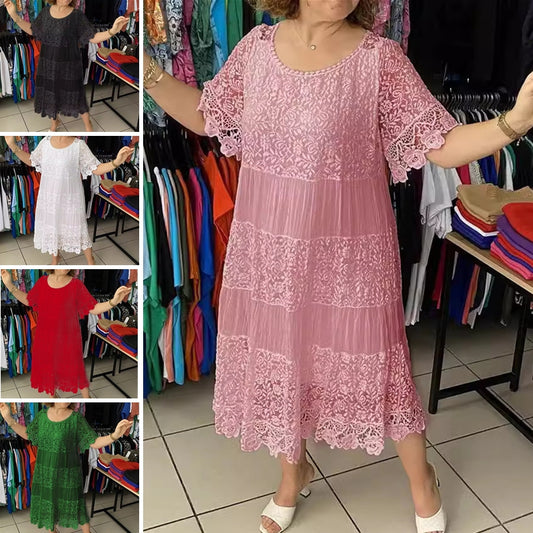 ✨👗[S-5XL] Rochie elegantă din dantelă, cu decolteu rotund și mânecă scurtă_3994384