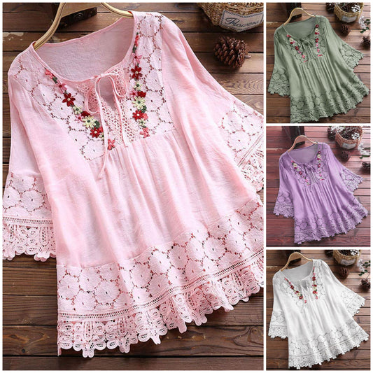 ❤️🌸【S-5XL】Femeii V-Neck Casual brodate florale vrac dantelă Shirt_3982664