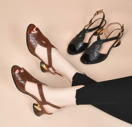 ✨👠【35～40】Noi sandale retro cu gura de pește, respirabile, goale, cu toc gros_3987675