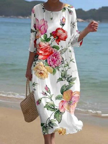 ❤️🔥【3-8XL】 2025 rochie nouă, cu mânecă mijlocie, cu imprimeu cu flori, cu gât rotund-3995121
