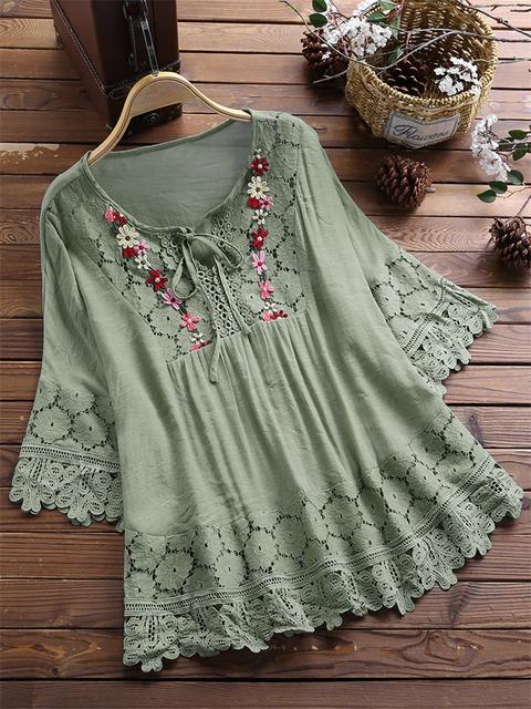 ❤️🌸【S-5XL】Femeii V-Neck Casual brodate florale vrac dantelă Shirt_3982664