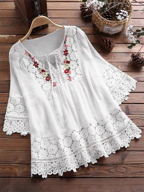 ❤️🌸【S-5XL】Femeii V-Neck Casual brodate florale vrac dantelă Shirt_3982664