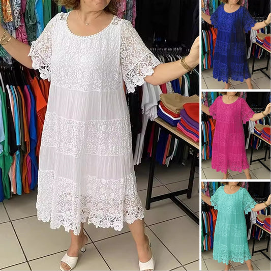 ✨👗[S-5XL] Rochie elegantă din dantelă, cu decolteu rotund și mânecă scurtă_3994384