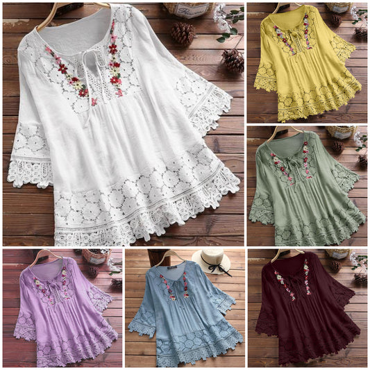 ❤️🌸【S-5XL】Femeii V-Neck Casual brodate florale vrac dantelă Shirt_3982664