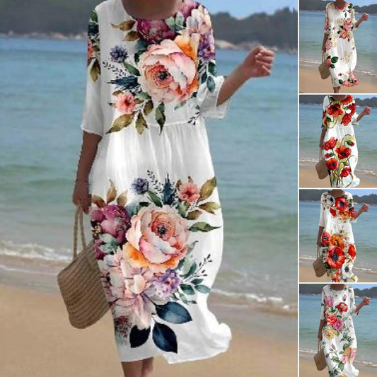 ❤️🔥【3-8XL】 2025 rochie nouă, cu mânecă mijlocie, cu imprimeu cu flori, cu gât rotund-3995121